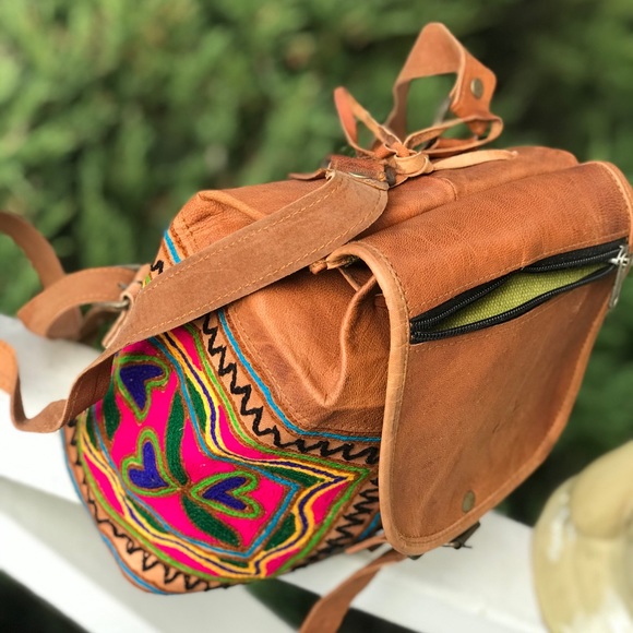 Boho Embroidered Tan Camel Leather Mini Backpack - Picture 7 of 10